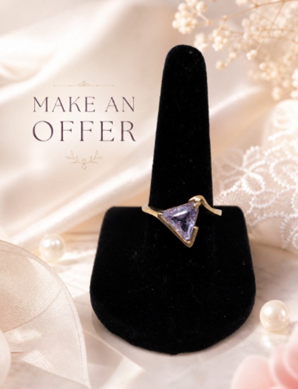 Vtg Park Lane Loveliness Ring Trillion Purple CZ Gold Plated Size 7 NEW NOS